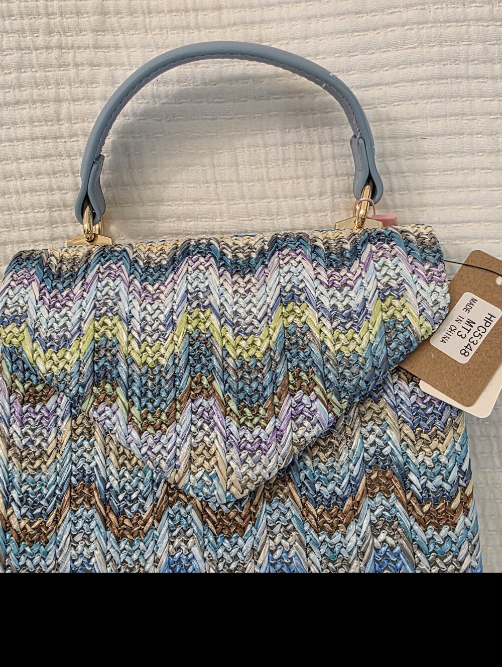 Woven Chevron Top-Handle Mini Tote in Multi-Blue